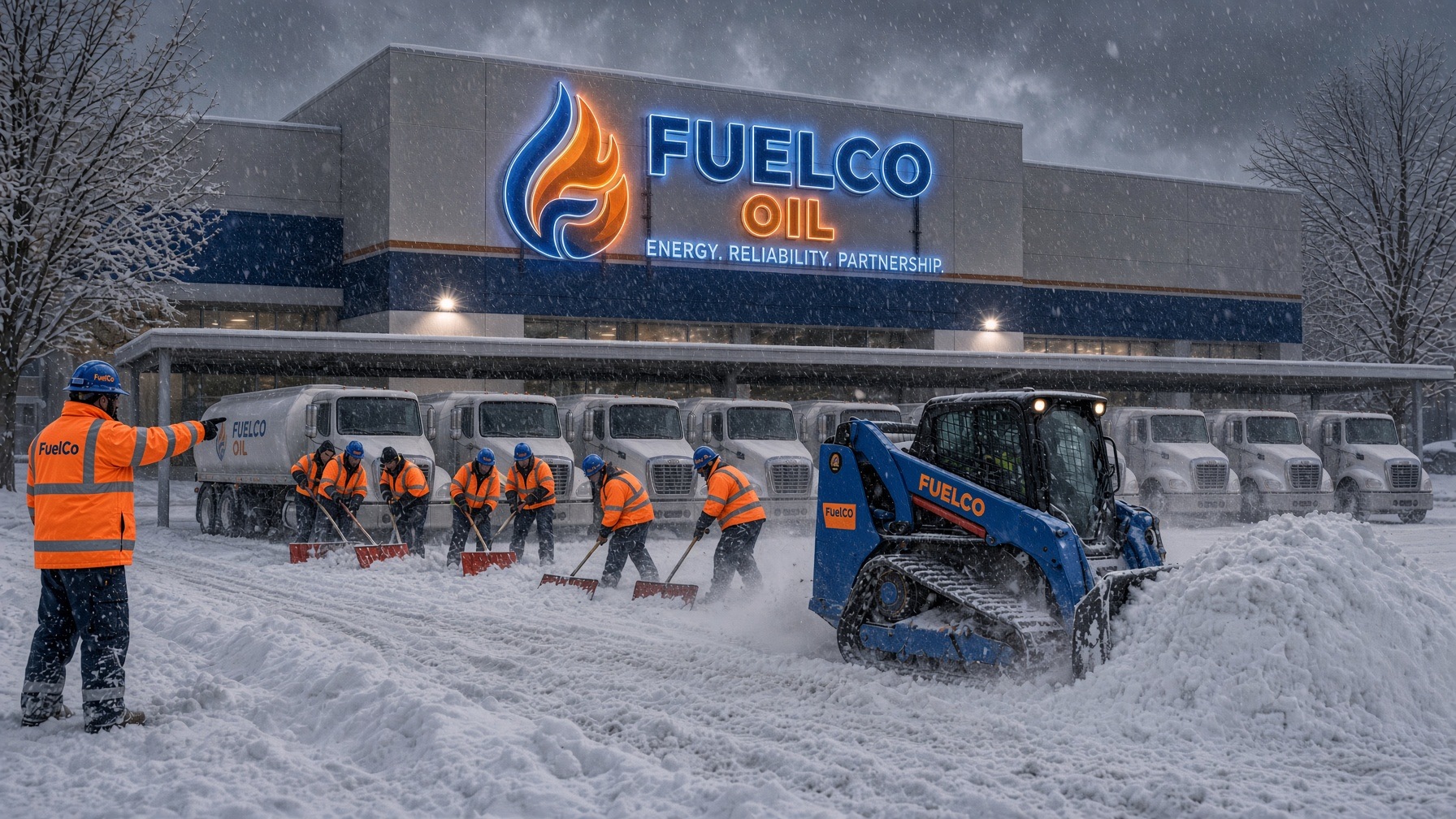 Fuel Co Oil crew clearing snow at headquarters